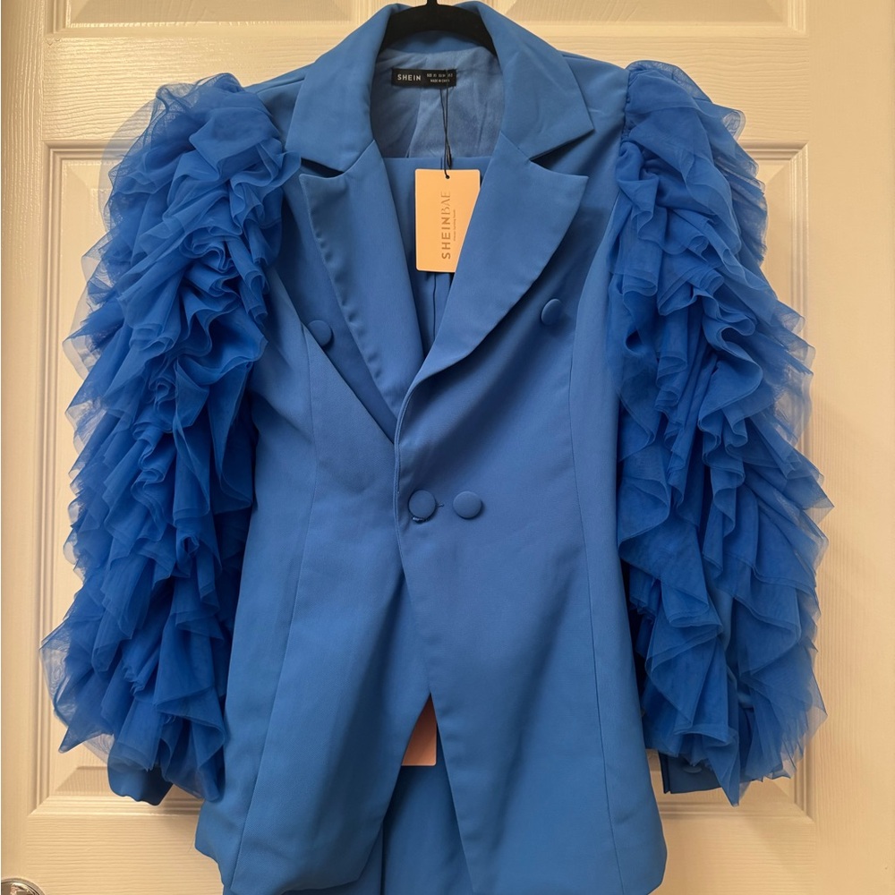 SHEIN Royal Blue Ruffled Sleeve Blazer and pants set size XS